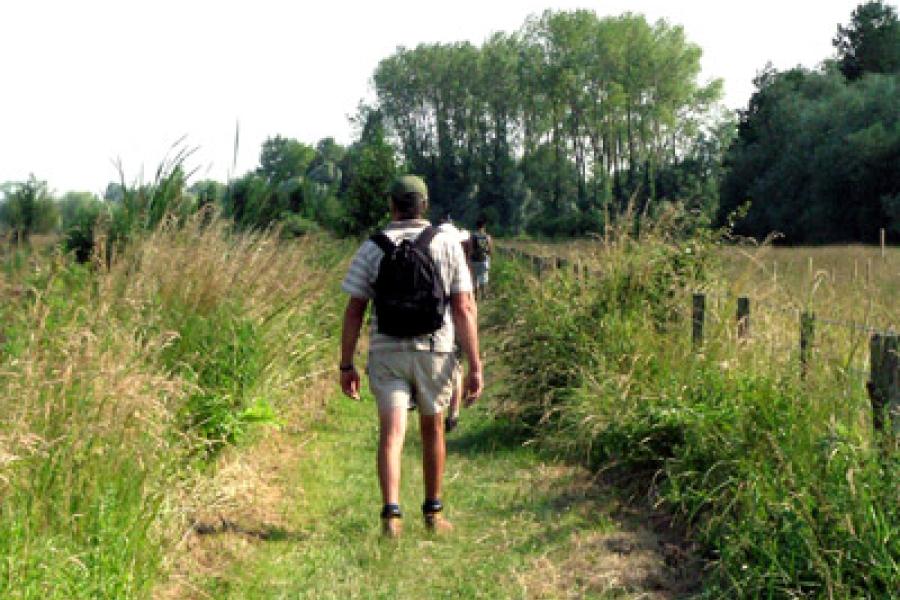 wandelaar in een trage weg