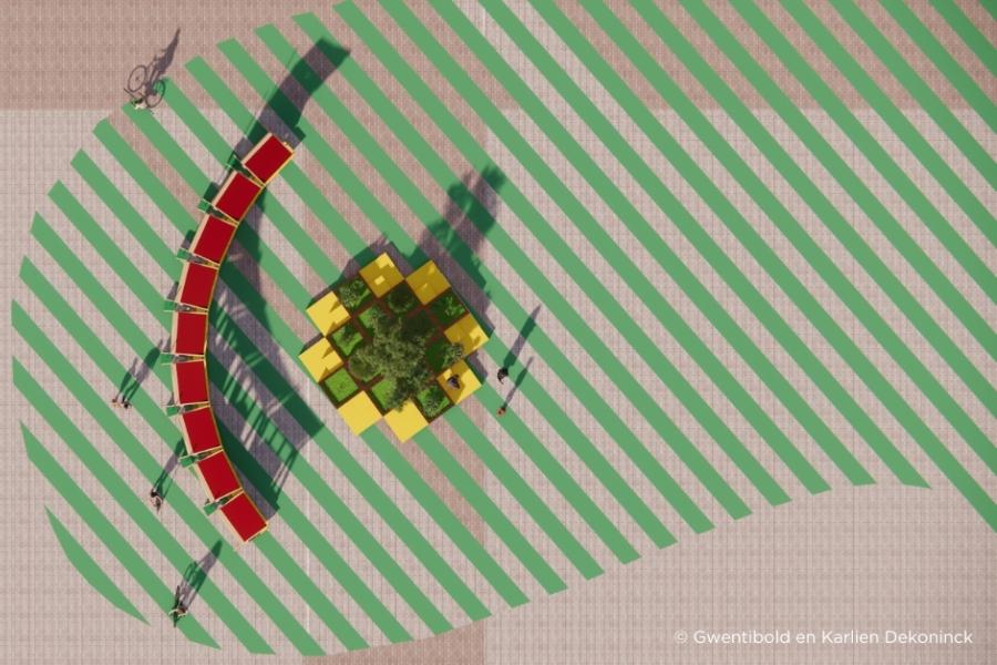 3D-visualisatie van de modulaire opstelling op het Stationsplein.