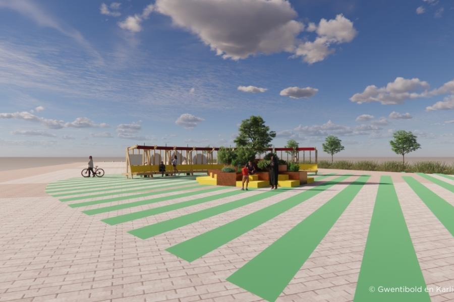 3D-visualisatie van de modulaire opstelling op het Stationsplein.